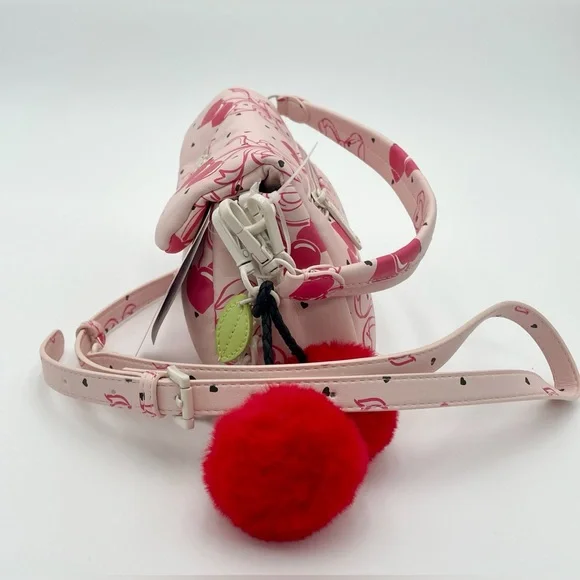 BETSEY JOHNSON Pink Bow LBCORAL Cherries Hearts Crossbody Purse with Pom Pom - Picture 4 of 9